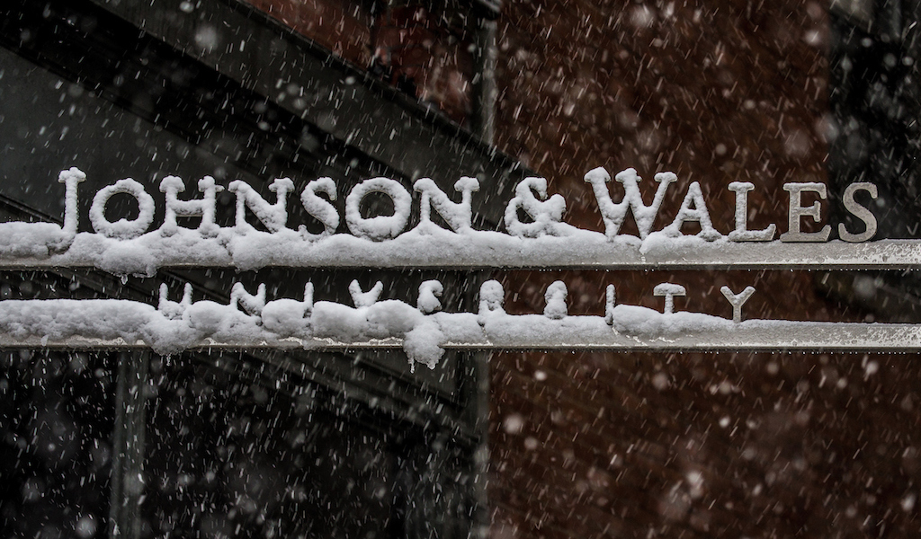 JWU sign with snow