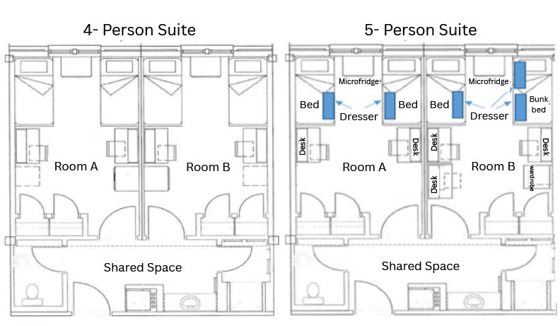 Cedar Hall South room layout for 4- and 5-person suites