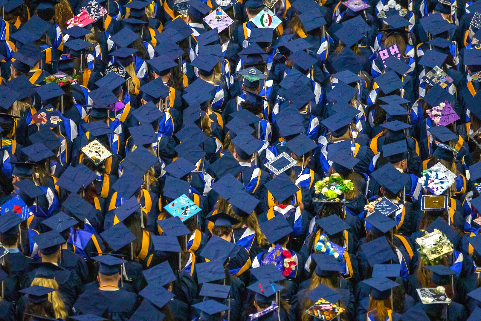 Closeup of a sea of mortarboards at undergraduate Commencement.