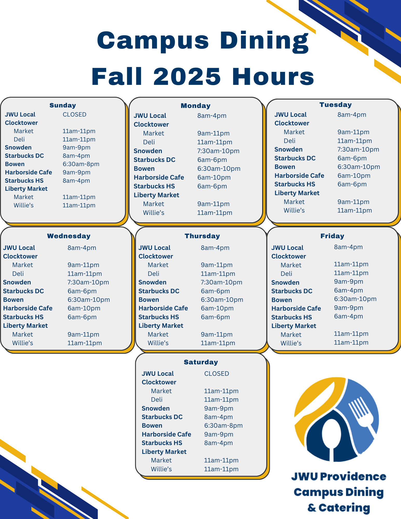 Campus Dining Fall 2025 Hours of Operation