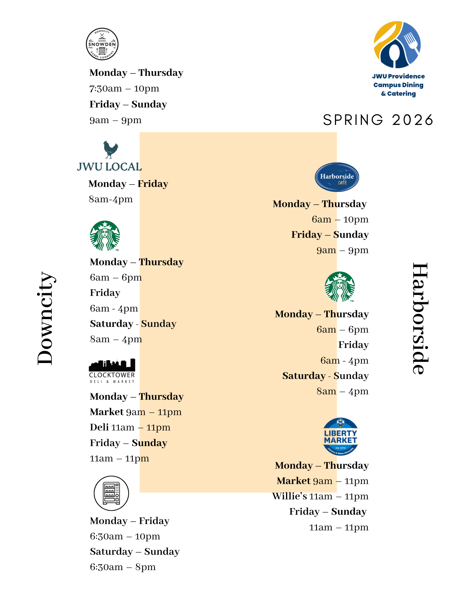 Campus Dining Fall 2025 Hours of Operation