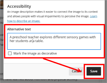 Alternative text typed in the box. The mark the image as decorative option is visible. These areas and the save button are highlighted