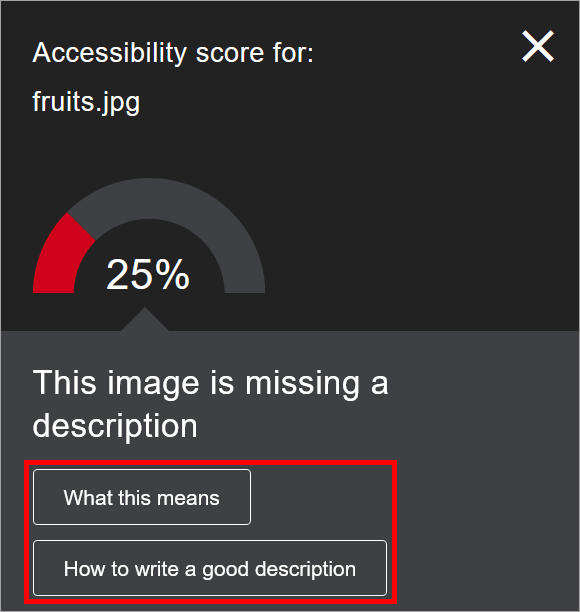 Accessibility score for an image indicating a missing description.