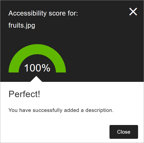 A 100% accessibility score shown after adding an image description.