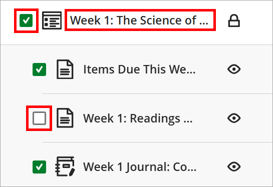 Checked box to the left of a learning module. The name of the learning module is highlighted as well as an unchecked item in the module.
