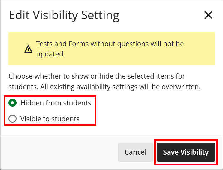 Hidden from and visible to students options highlighted. Save Visibility selected.