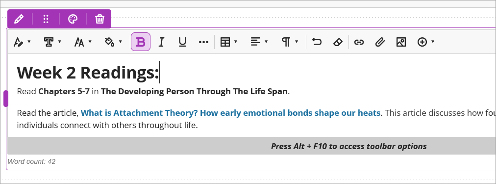 The content item with text is shown with the edit menu above