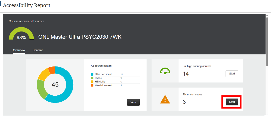 Start button in Fix major issues section selected
