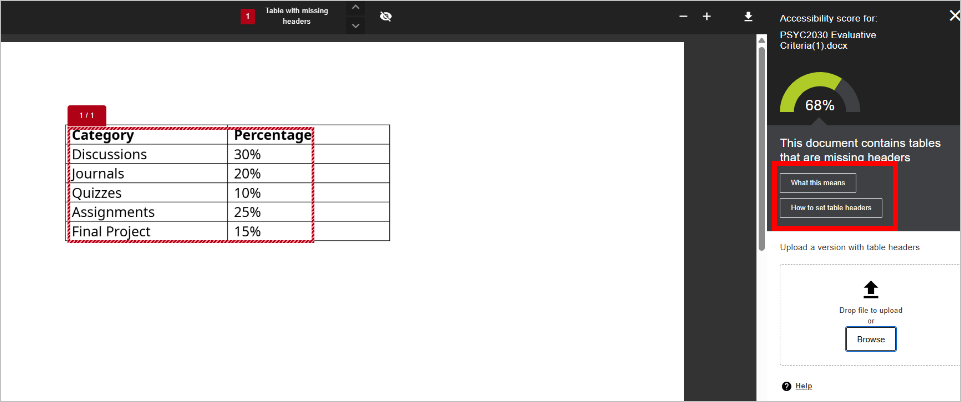 A file with accessibility issues along with what this means, how to fix it, and download options highlighted.