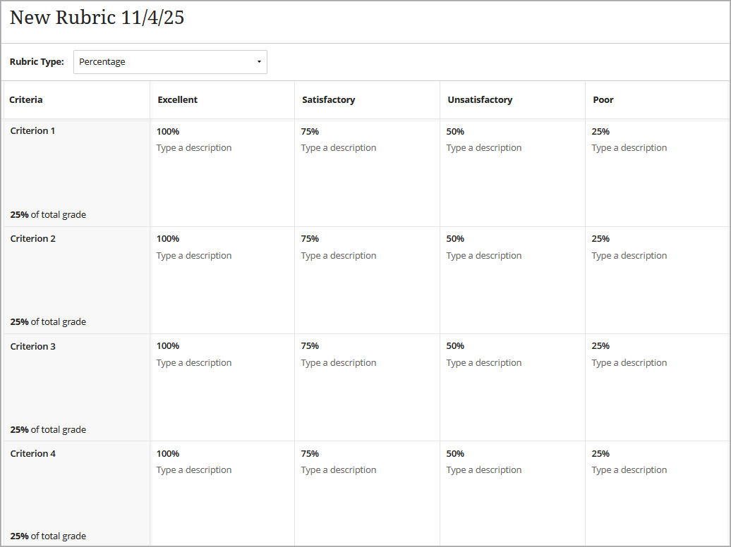 The rubric template is shown with four rows and five columns