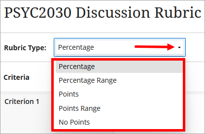 Rubric type shown from the drop-down menu, including percentage, percentage range, points, points range, or no points