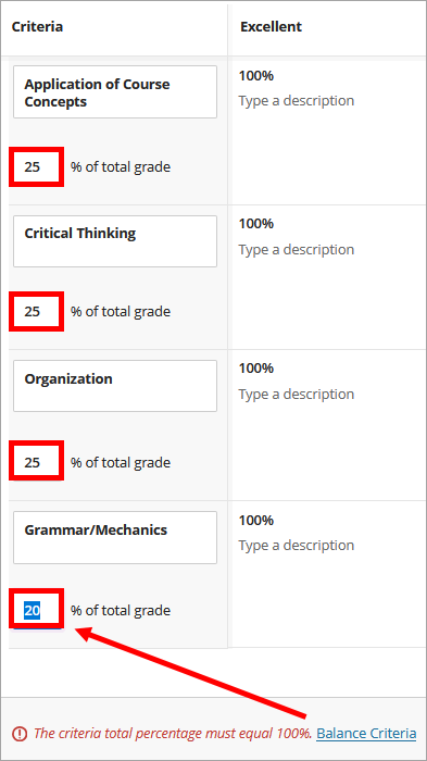 Rubric screen showing weights and where to balance criteria