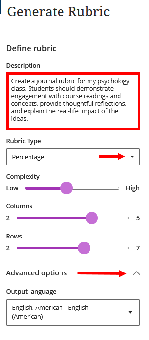 AI Design Assistant rubric generator screen with options selected