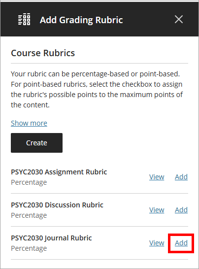 Add rubric link selected 