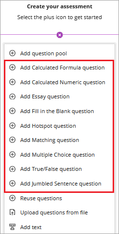 Nine test question options highlighted
