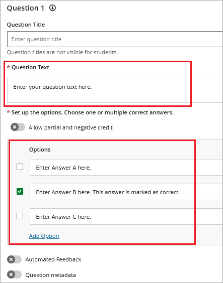 Question text and answer option boxes highlighted with the correct answer checked off