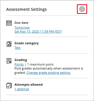 Gear icon highlighted next to Assessment Settings.
