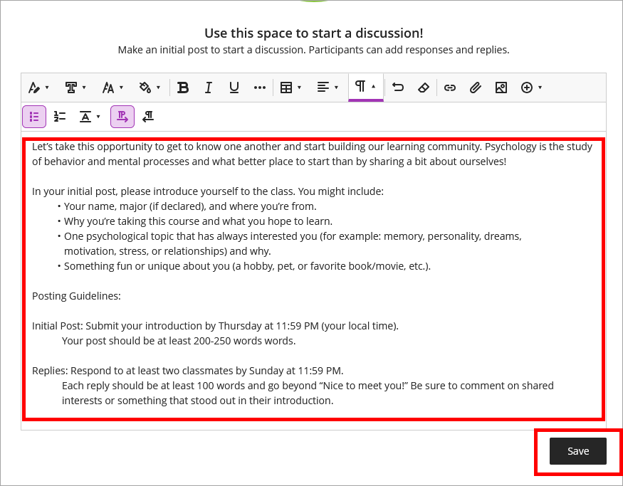 Discussion editor with text entry area highlighted in red and Save button selected