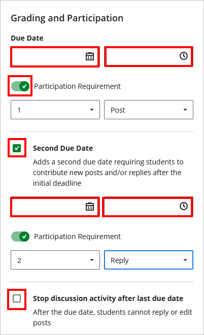 Discussion grading options selected, showing checkbox to grade discussion and options for setting the due date and time