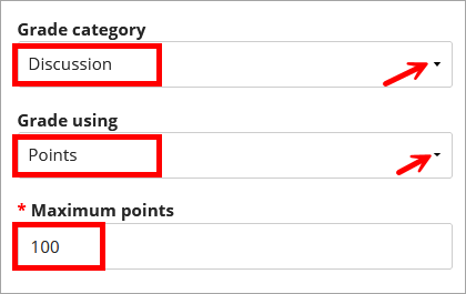 Discussion grading options selected, showing grade category, grade using points setting, and maximum points field