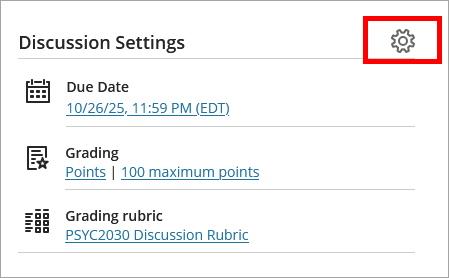 Settings (gear) icon selected to edit the discussion settings
