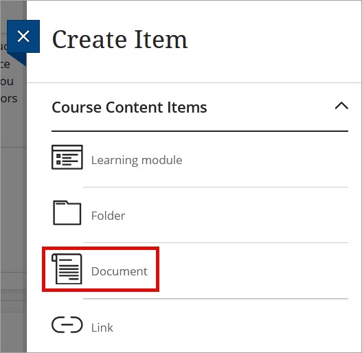 Document selected from Create Item menu