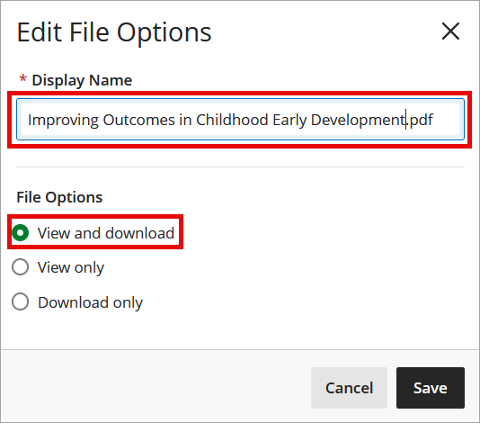 The display name and file option View and download are highlighted 