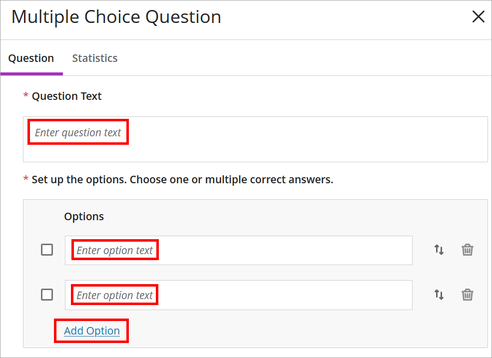The question text and answer option fields, along with the Add Option link are highlighted 