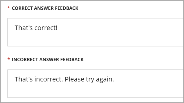The text boxes for correct and incorrect answer feedback are shown
