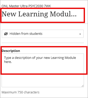 Title textbox selected and arrow pointing to the description textbox.
