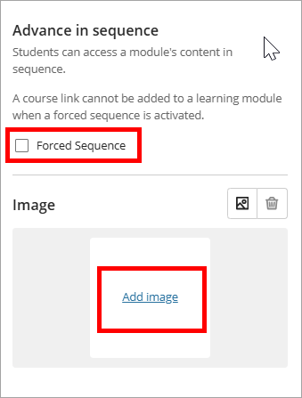 One box highlighting the Forced Sequence setting and another box highlighting the button to Add image.