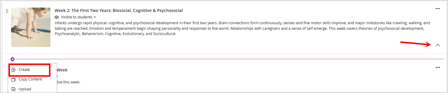 Arrow pointing at the chevron and Create selected from the drop-down menu. 