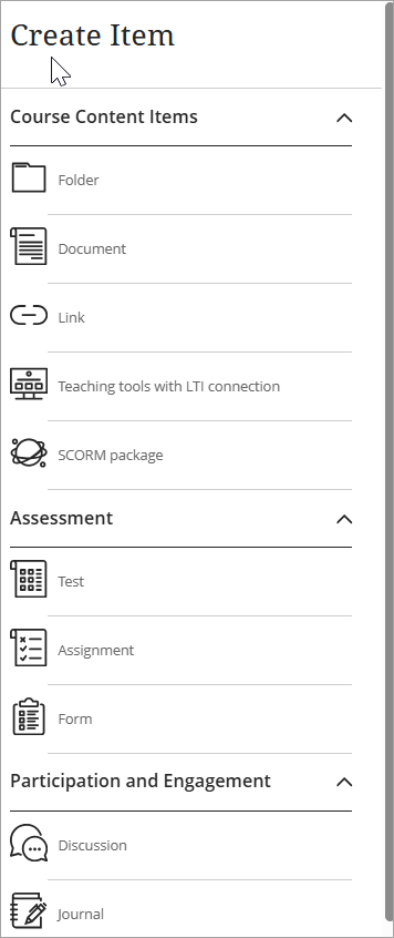 Create Item menu displaying the types of content that can be added to a learning module (Course content items, assessments, and participation and engagement). 