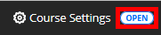 Course Settings option and the Course Availability indicator, set to ‘Open’, with a red box around it for emphasis.