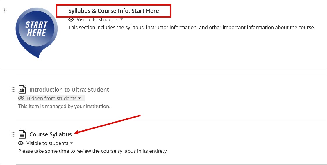 Highlight of the Syllabus and Course Info section and an arrow pointing to Course Syllabus