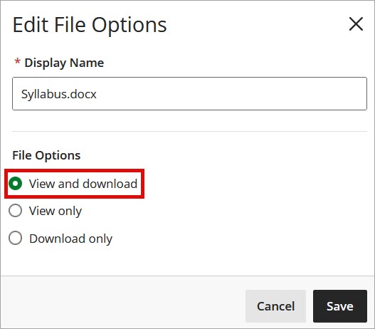 Highlight of the default File Options setting View and Download.