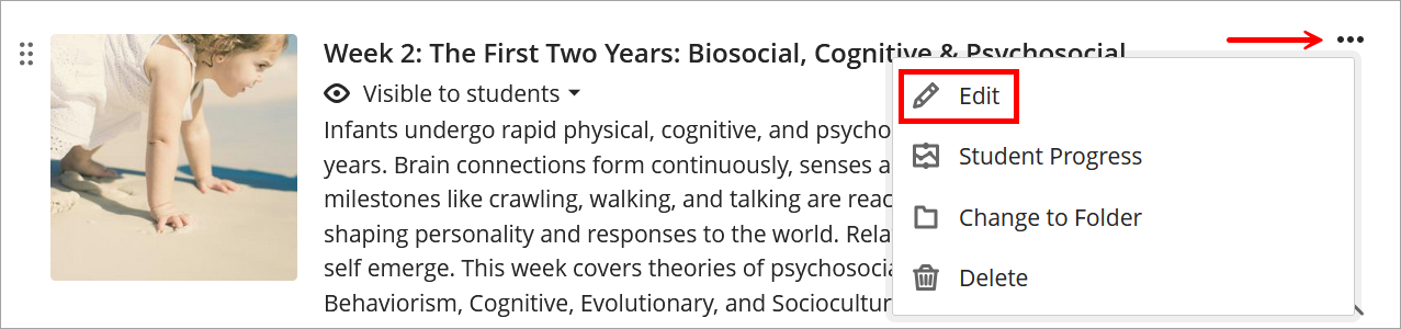 Three dot menu and Edit option highlighted for a weekly module.