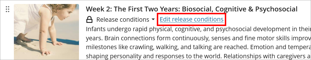 Edit release conditions selected under the title of a learning module.
