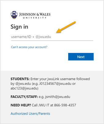 Login using your JWU user ID + @jwu.edu