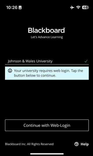 JWU Login screen from the Blackboard App.