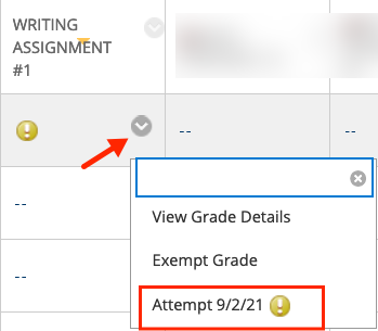 Grade center cell showing an attempt that needs to be graded.