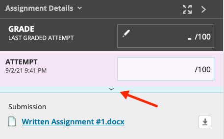 Red arrow pointing to down arrow in blue space to expand the rubric options.