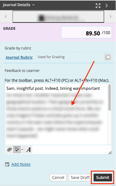 Feedback being left for a student along with the rubric grade.