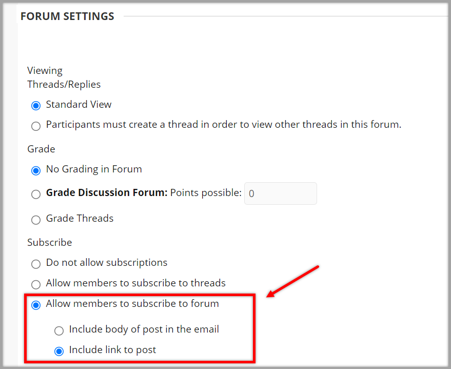 The allow members to suscribe to this forum option is highlighted.