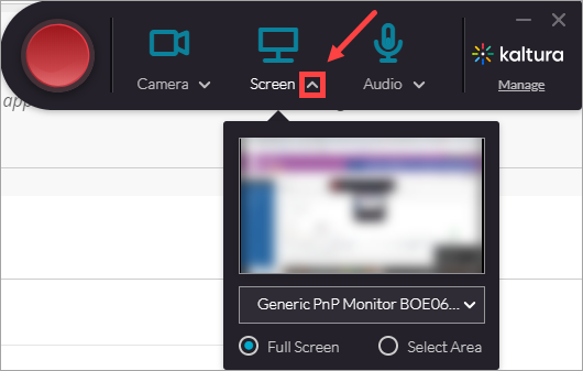 Arrow pointing to the screen options in Kaltura.