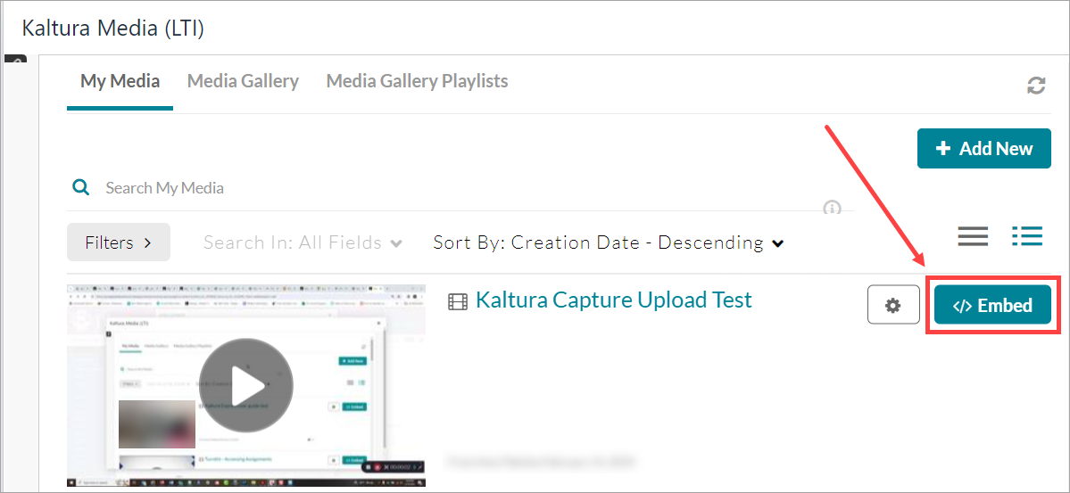 Recorded video listed on the My Media tab with an arrow pointing to the Embed button on the right.