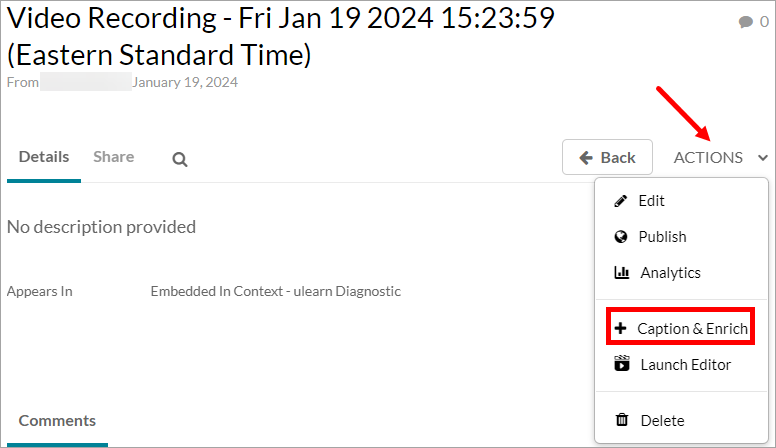Video entry actions menu with Caption & Enrich option selected.