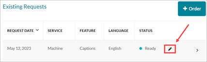 Existing Requests area showing ready status and an arrow pointing to the pencil icon.