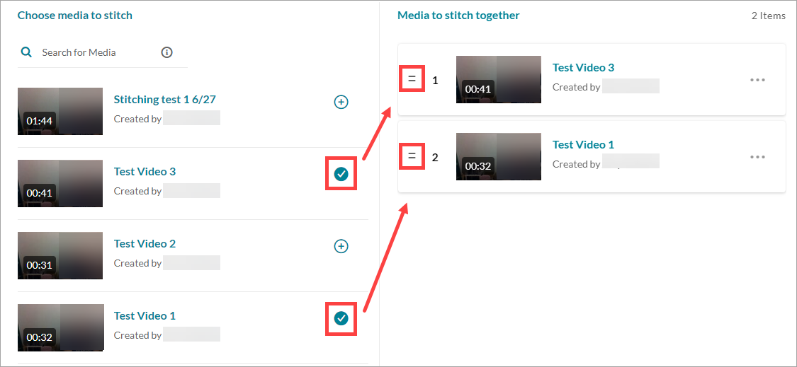 Two checkmarks next to two pieces of media in Choose media to stitch section with arrows pointing to the selections in the Media to stitch together section. The drag and drop options are also highlighted.