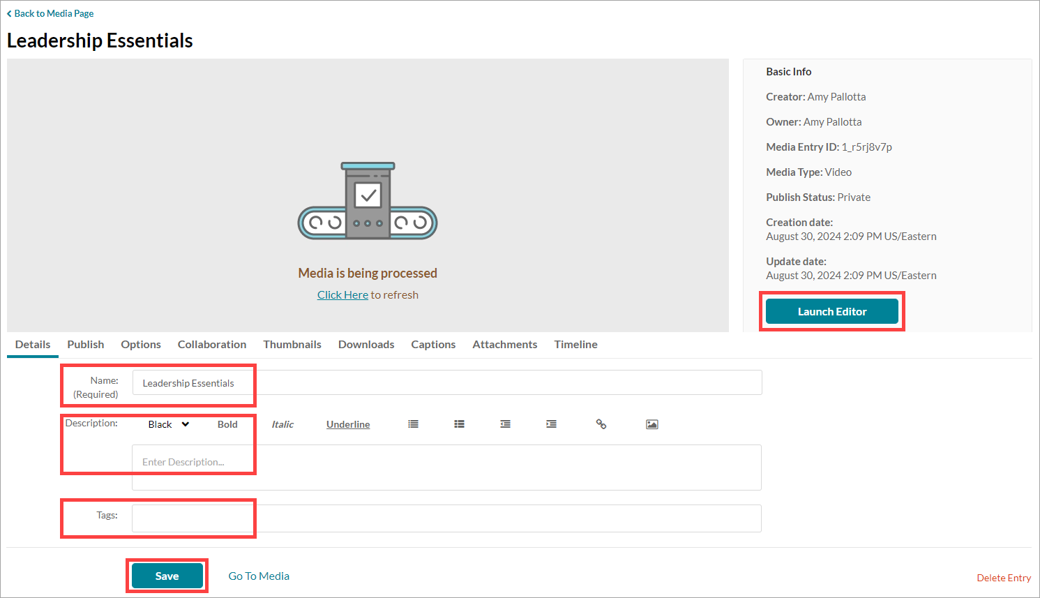 Edit Entry page. Media is being processed message. Name, Description, Launch Editor, and Save areas are highlighted.